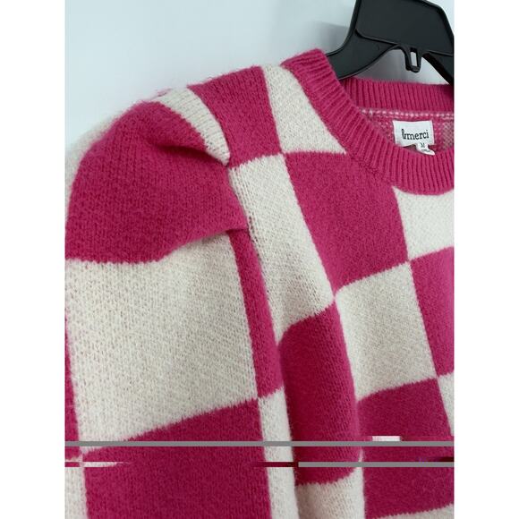 &merci Pink White Checkered Short Sleeve Sweater Womens Size Medium Crew Neck - Picture 4 of 6